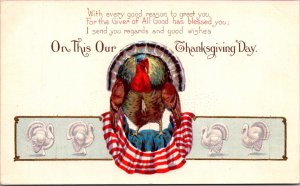 Thanksgiving Postcard Turkey Patriotic American Flag Blessed Good Wishes