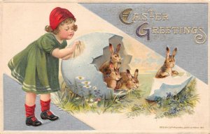 Easter Greetings Girl W/ Rabbits  Hatching From Egg Winsch Vintage PC U4845