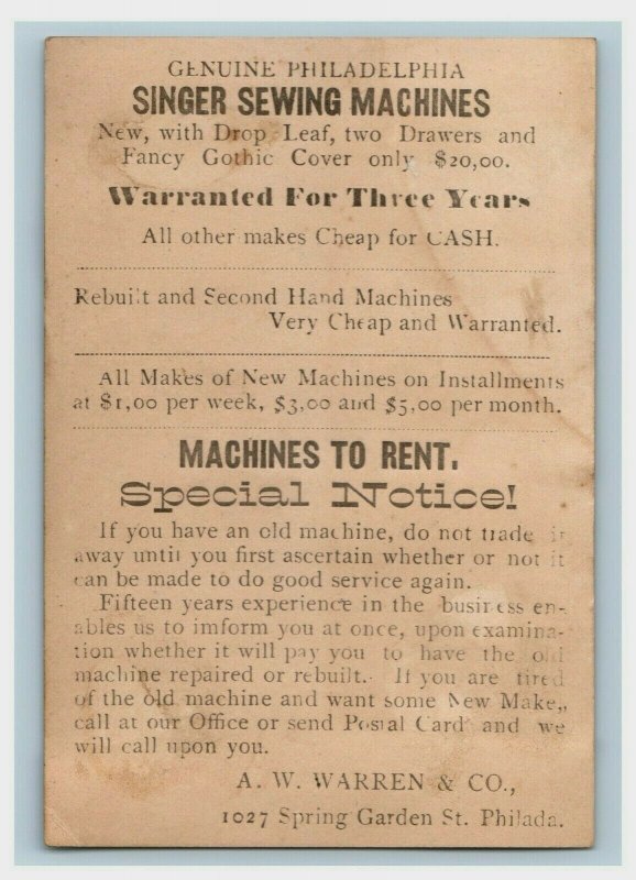 1870's A.W Warren & Co. Sewing Machines To Rent Fairy & Birds  P168