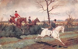 Lot110  painting postcard the white horse lids horse racing sport uk hull