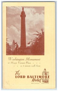 Baltimore Maryland MD Postcard Washington Monument Lord Baltimore Hotel c1940's