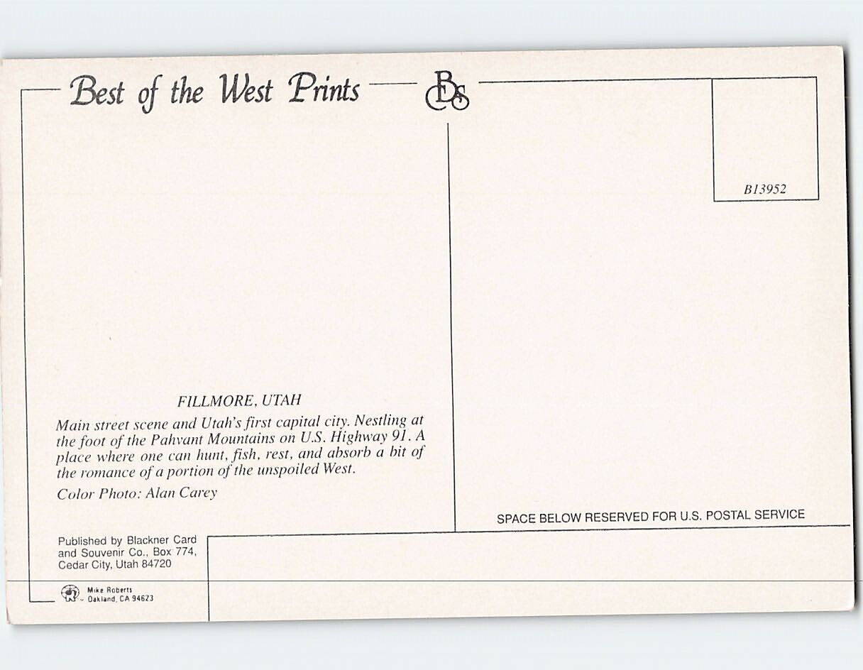 Postcard Main street scene and Utah's first capital city, Fillmore