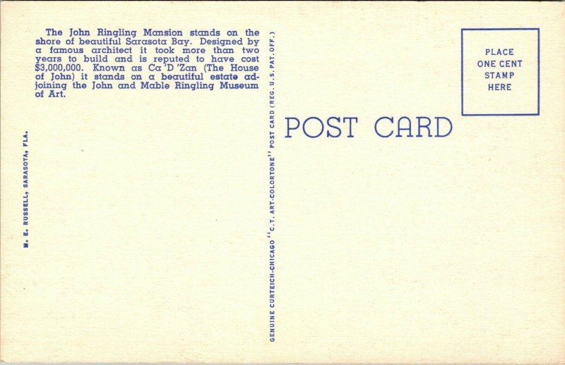 Vtg 1940's Famous John Ringling Mansion Estate Circus Sarasota FL Postcard