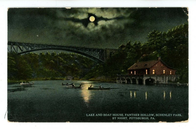 PA - Pittsburgh. Schenley Park, Panther Hollow Lake & Boathouse at Night