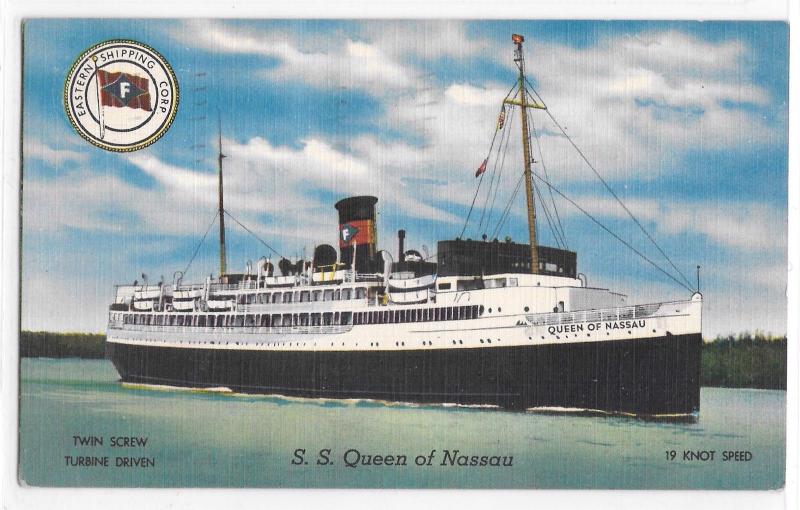 Vintage Postcard S.S. Queen of Nassau Boat Ship Vessel Eastern Shipping Corp.