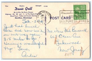 Meridian Mississippi MS Postcard Davis Grill Restaurant Interior 1950 Vintage