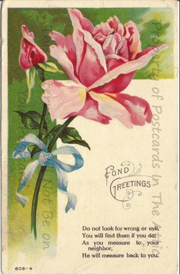 Peony Pink Rose Lemonade Pink Rose and Rosebud with Poem Greeting Postcard 1910s