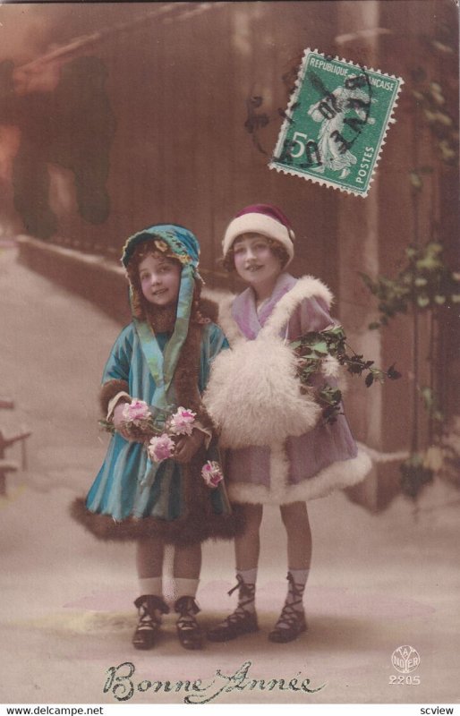 RP; NEW YEAR, 1900-10s; Bonne Annee, Two girls holding roses & hand muff, Win...