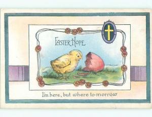 Unused Pre-Linen easter CHICK LOOKS BACK AT EGG SHELL k2058