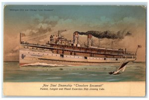 c1905's New Steel Steamship Theodore Roosevelt Michigan City-Chicago Postcard