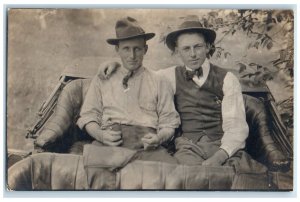 c1910's Two Men In Backset Of Car With Pipe Fedora RPPC Photo Antique Postcard