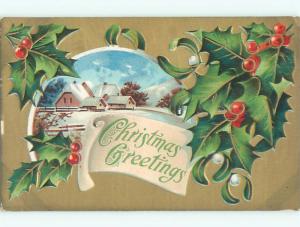 Pre-Linen christmas SNOW-COVERED HOMES WITH HOLLY AND MISTLETOE k1828