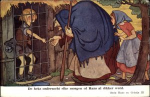 Hansel & Gretel Fairy Tale Old Woman Boy Imprisoned Dutch c1940s Postcard