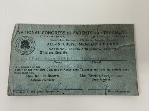 1957-1958 National Congress Of Parents & Teachers Membership Card Cheyenne WY