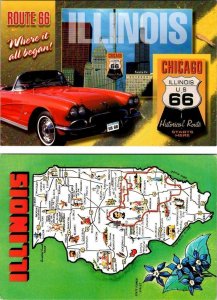 2~4X6 Postcards Chicago IL Illinois ROUTE 66~RED CORVETTE CONVERTIBLE & MAP CARD