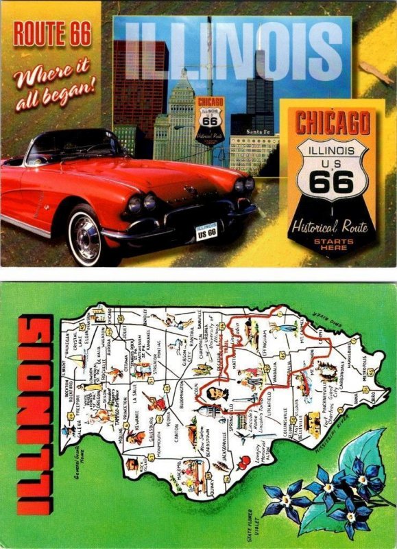 2~4X6 Postcards Chicago IL Illinois ROUTE 66~RED CORVETTE CONVERTIBLE & MAP CARD