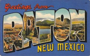 RATON New Mexico Large Letter Linen Greetings c1940s Vintage Postcard