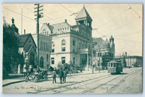 Fox St. On The Island Looking West Aurora Illinois IL Trolley Car Postcard