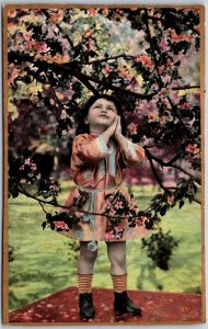 Beautiful Girl Portrait Orange Dress Under Flower Tree Postcard