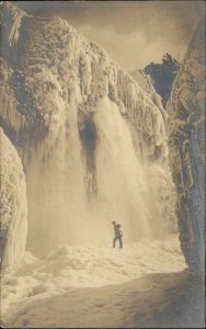 Niagara Falls in Winter Man Stands on Ice +Photography Real Photo Postcard