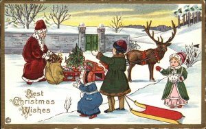 Christmas Santa Claus Reindeer Children Sledding Stecher 402F Vintage Postcard