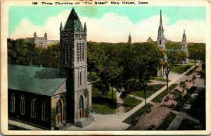 Three Churches on the Green New Haven Connecticut CT 1920s Postcard UNP