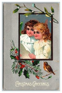 Vintage 1910's Christmas Postcard Silver Face Cute Kids Bird Mistletoe Berries