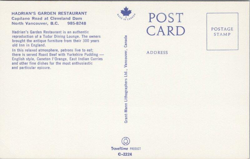 Hadrian's Garden Restaurant North Vancouver BC British Columbia Postcard H7