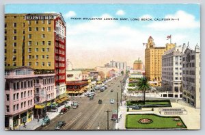 Long Beach California~Air View Ocean Boulevard~Vintage Linen Postcard