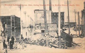 WRECKED BUILDING DAYTON OHIO FLOOD DISASTER ELECTRIC CAR SIGN POSTCARD  (1913)