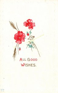 Vintage Postcard All Good Wishes Greetings Card Mini Red Flowers Watercolor Art