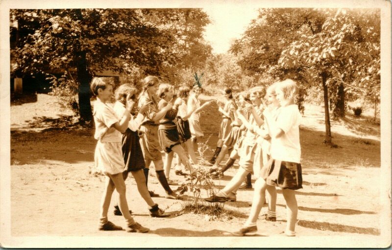 RPPC 1930 - Postcard From Girls Camp - Girls Practicing Dance Routine Boston MA