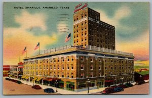 Postcard Amarillo Texas c1948 Hotel Amarillo Old Cars Flags Potter County