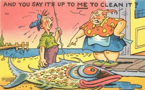 Postcard 1940s fishing exaggeration mad wife Fox artist comic humor 23-11137