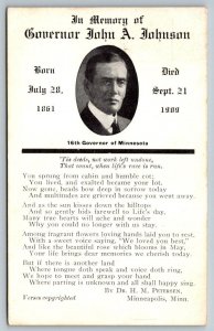 Minnesota Governor John A. Johnson In Memory of Postcard 1909