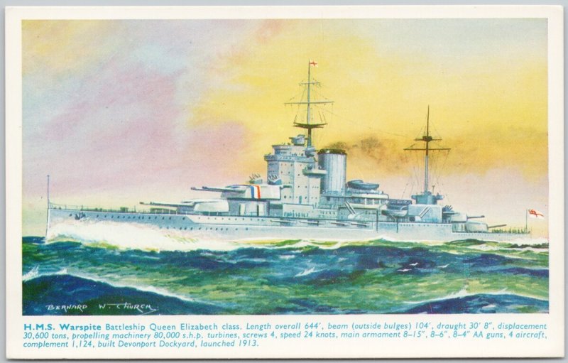 HMS 'Warspite' Battleship Ship British Royal Navy Bernard Church Postcard H71