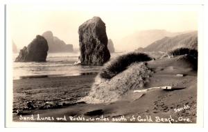 RPPC Sand Dunes and Rocks South of Gold Beach, OR Real Photo Postcard