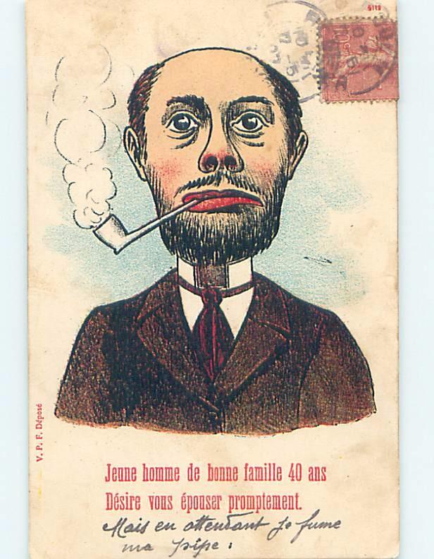 Pre-Linen comic foreign MAN SMOKING TOBACCO PIPE - SMOKING INTEREST HL9192