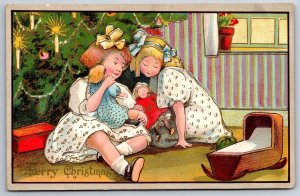 Christmas~Girls w/ Dolls Under Candle Lit Decorated Tree~HI Robbins~Emboss 1908