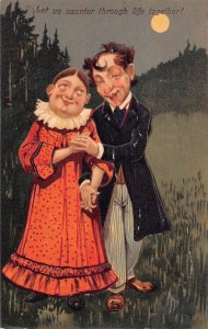 L058 Ugly Couple Moonlight caricature comic humor embossed vintage postcard