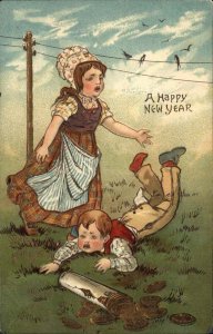 New Year Cute Children Spill Gold Coins Gilt Embossed c1910 Vintage Postcard