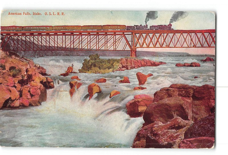 American Falls Idaho ID Postcard 1901-1907 OSI Railroad Train Bridge Locomotive