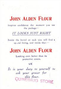 Trade Card , John Alden Flour , Boy in Navy suit, Bouquet flowers , Quinebaug...