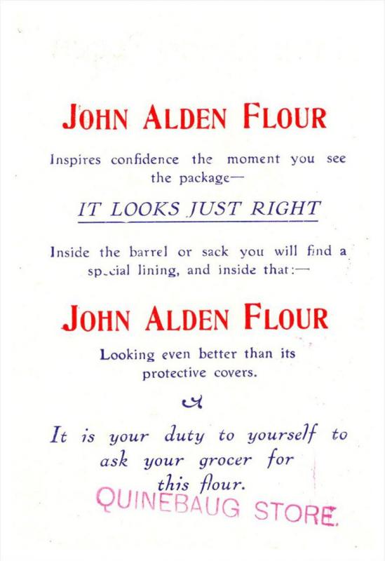 Trade Card , John Alden Flour , Boy in Navy suit, Bouquet flowers , Quinebaug...