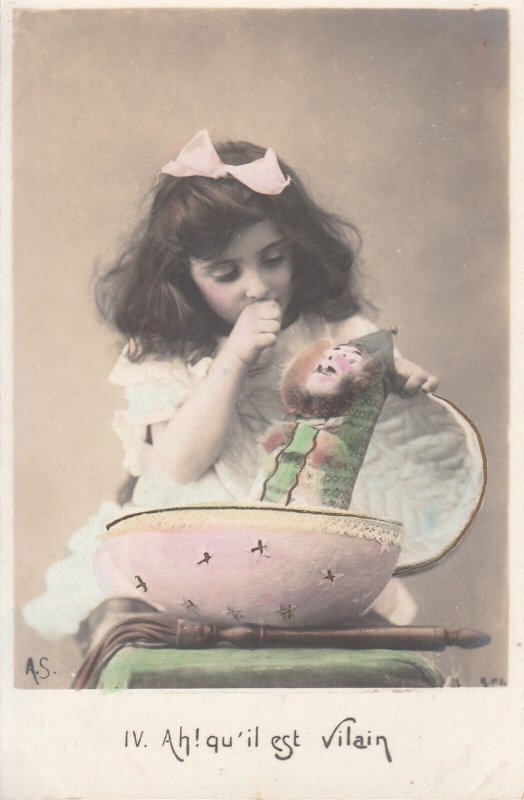 Children type and scene vintage postcard girl Easter egg jukebox villain puppet