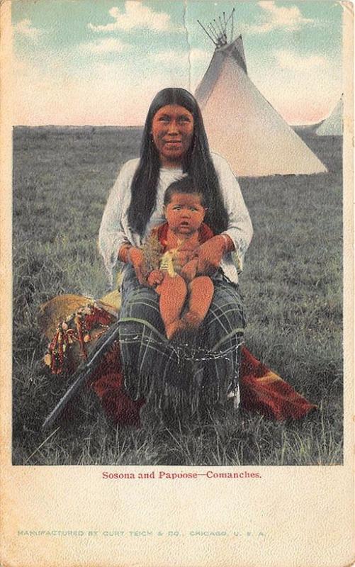Sosona and Papoose Comanche Indians Teepee, Curt Teich Postcard