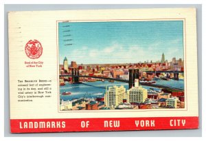 Vintage 1950 Postcard Aerial View Brooklyn Bridge Seal of the City of New York