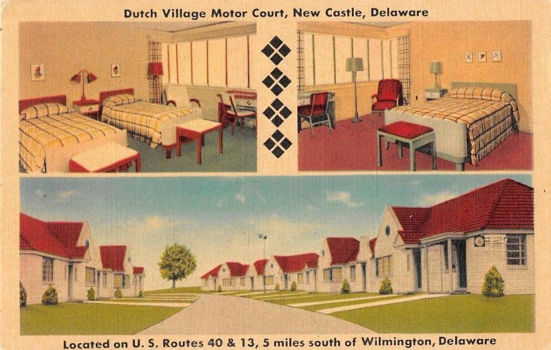 New Castle Delaware views of Dutch Village Motor Court linen antique pc (Z10761)