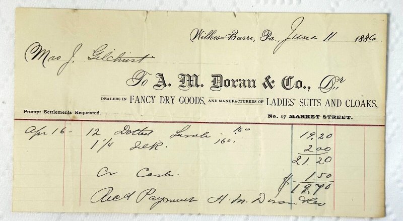 1886 A M Doran & Co Fancy Dry Goods Ladies Suits And Cloaks WILKES BARRE PA