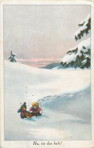 Hu, ist das kalt! vintage children humour postcard snowy winter fantasy